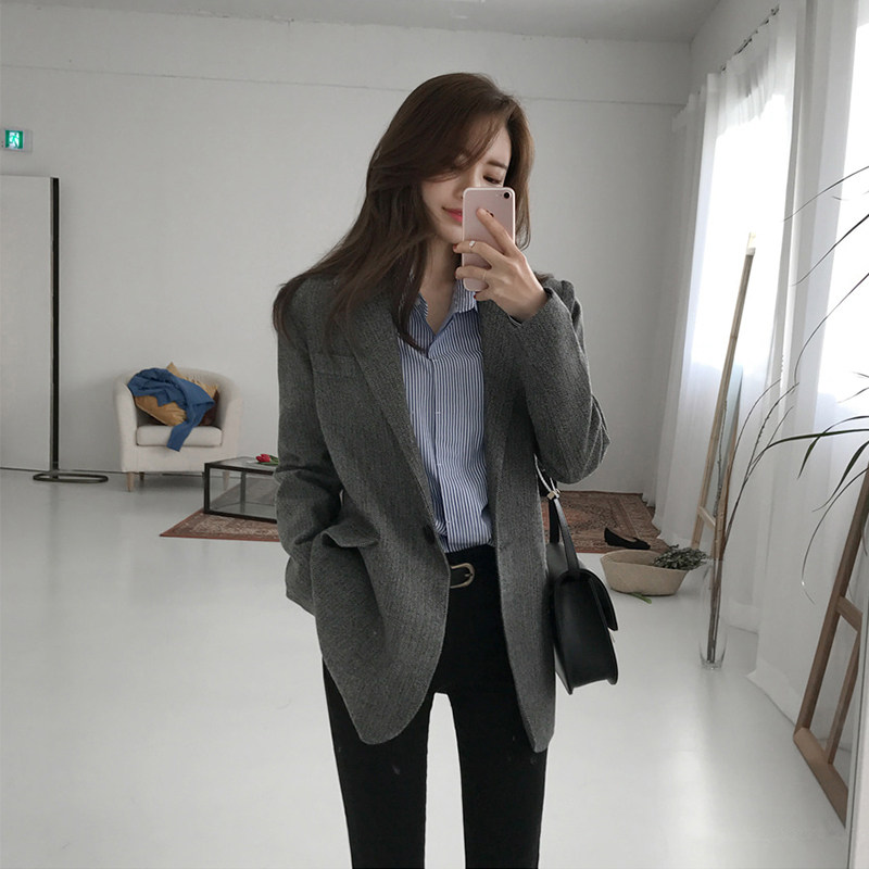 特价  上身气质一下就出来了 秋冬毛呢外套人字纹灰色西装外套女