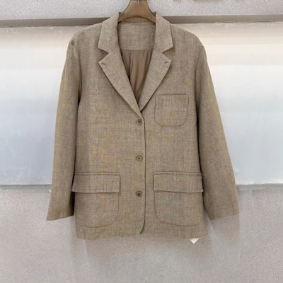 欧洲站2025春季新款翻领单排扣长袖100亚麻西装外套女