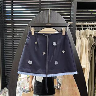 2025夏季新款法式复古亮片花朵装饰高腰显瘦A字裙短裙半身裙女