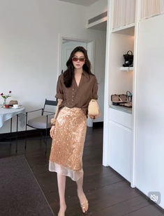 2025夏季新款不灵灵亮片半身裙女洋气通勤包臀裙一步裙中长款裙子