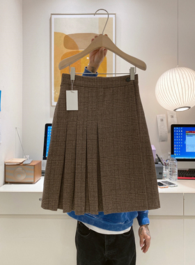 妥妥的英伦风  JING典格纹复古毛呢格子褶皱半身裙高腰A字裙短裙