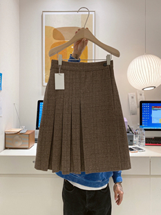 妥妥的英伦风  JING典格纹复古毛呢格子褶皱半身裙高腰A字裙短裙