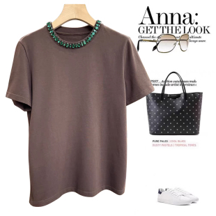 时尚 新款 套头简约优质棉T恤女上衣 T恤女2026春季 圆领钉珠短袖