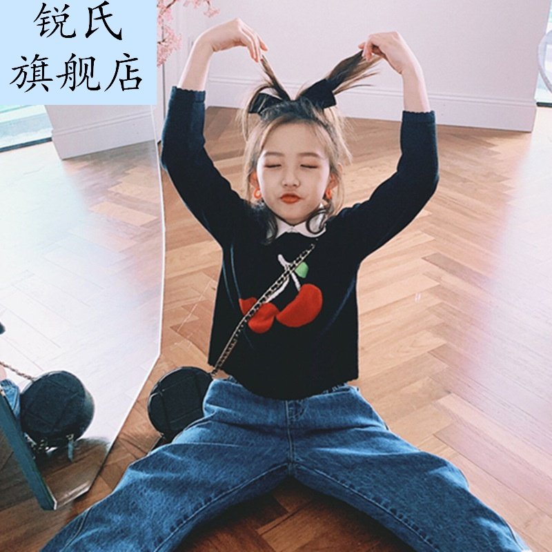 女孩秋季新款翻领针织衫中大童洋气樱桃图案短款毛衣儿童毛衫时尚