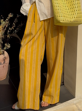 NXJ【太阳花】微胖大码双面色织民族风老钱麻料阔腿裤长裤黄 2503