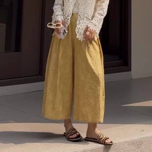 鸡蛋花 女 微胖大码 阔腿裤 260360 提花麻料九分裙裤