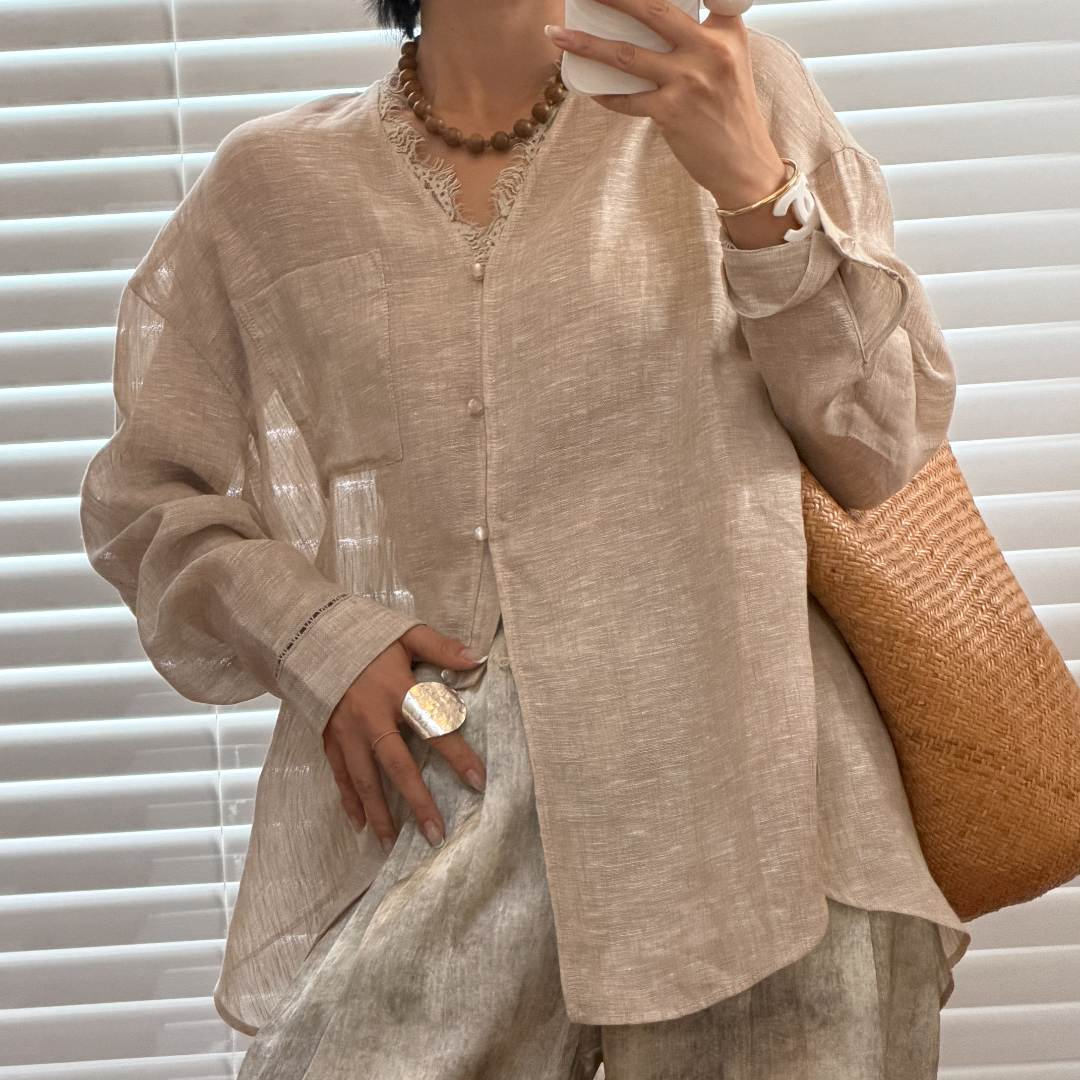 NXJ【贵贵麻】微胖大码 高端线雨露麻宽松大版拼蕾丝上衣女 26054