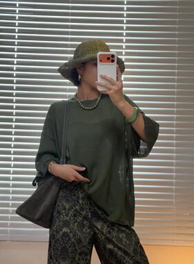 NXJ【墨绿妖娆】微胖大码 超薄短袖苎麻宽松大版t女 260672