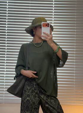 NXJ【墨绿妖娆】微胖大码 超薄短袖苎麻宽松大版t女 260672