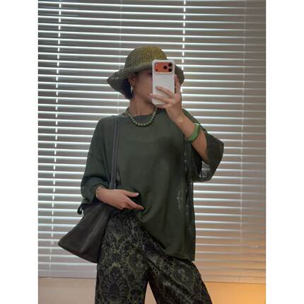 NXJ【墨绿妖娆】微胖大码 超薄短袖苎麻宽松大版t女 260672