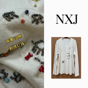 小众钉珠刺绣麻料针织长袖 微胖大码 T恤260335 棒棒糖 NXJ