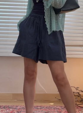 【小蓝怪】微胖大码小众麻料松紧腰短裤夏季薄款女 260690