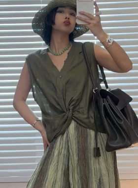 【绿意浓】微胖大码 拼蕾丝扭结宽松大版苎麻背心女   260649