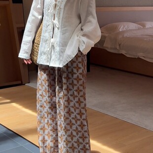放羊 长裤 星星 复古花纹麻料阔腿裤 250641 微胖大码 NXJ