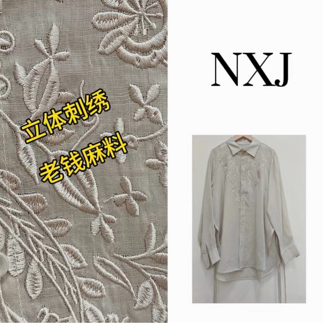 NXJ【女人花】微胖大码 绑绳刺绣宽松大版麻料衬衫  260364