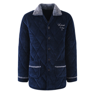 睡衣男款冬季男士家居服上衣单件珊瑚绒夹棉袄超特厚中长款包臀部