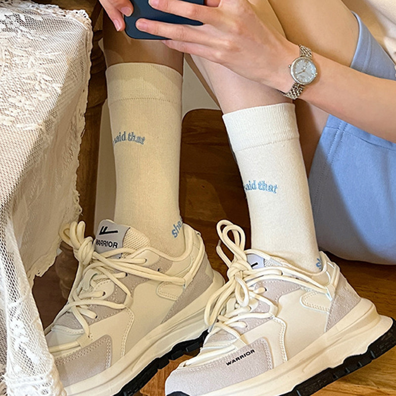 2 PAIRS OF LETTER SOLID COLOR EMBROIDERY SOCKS WOMENS INS TRENDY NICHE PILE SOCKS SUMMER THIN BREATHABLE SPORTS SOCKS