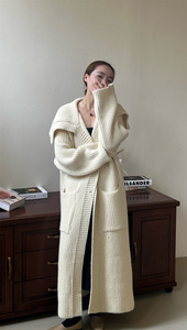 原版超长款翻领毛衣外套女秋冬慵懒风宽松气质加厚中长款针织开衫