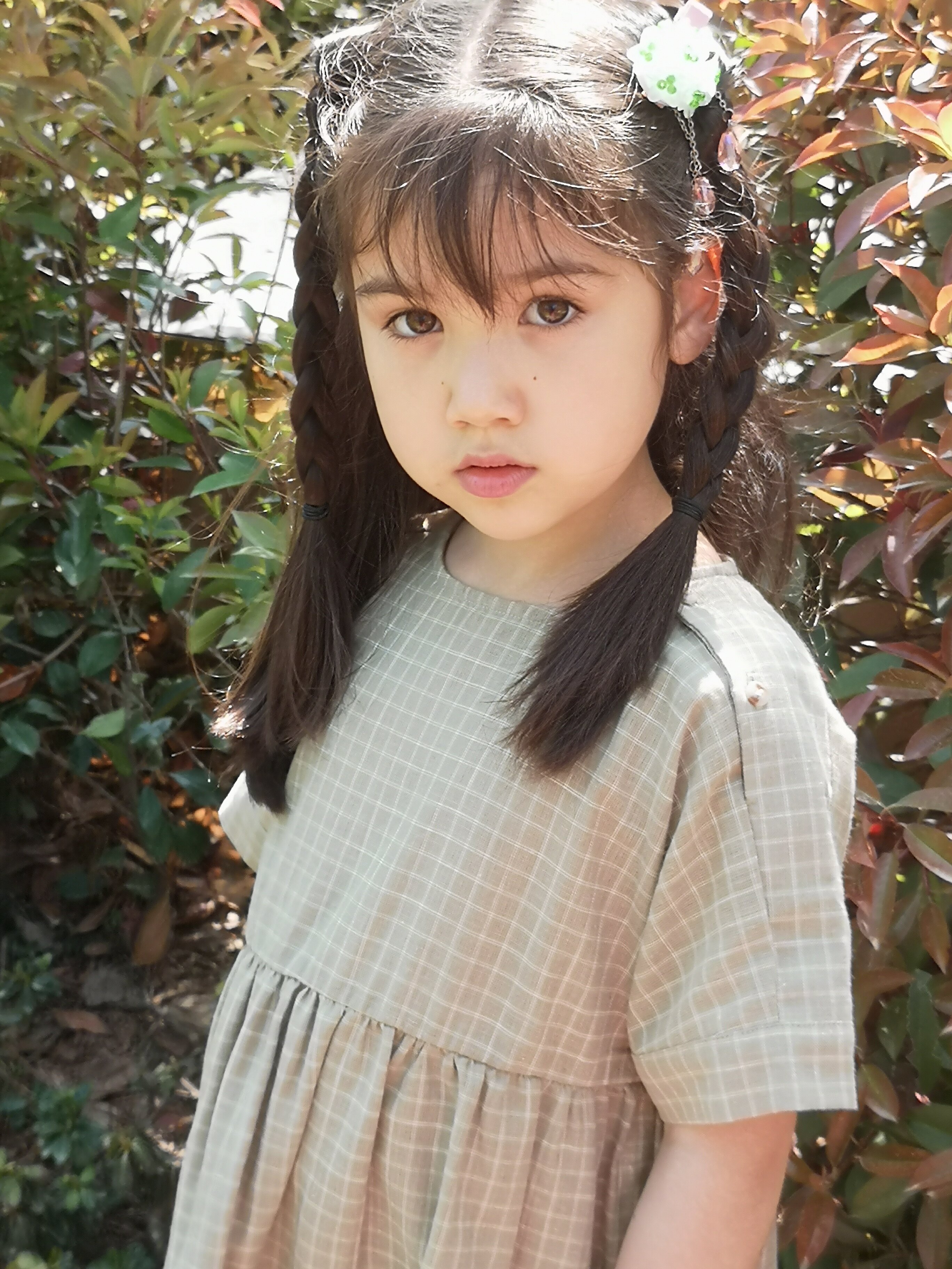 出口欧洲新款橄榄绿女孩有机棉格子半袖单层连衣裙