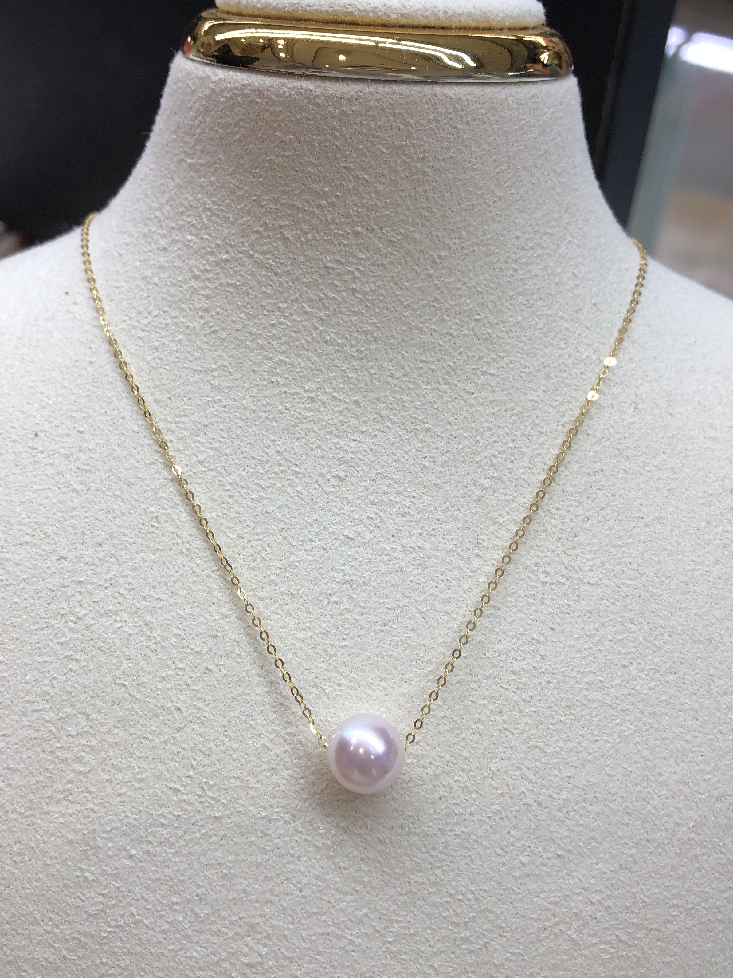 樱花粉8-8.5mm海水AKOYA珍珠路路通项链 18K金镶嵌 强光日常通勤