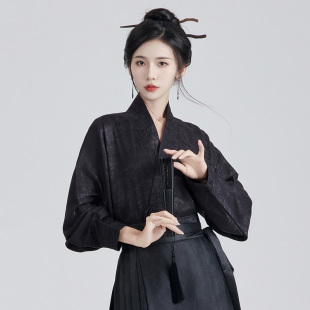 新中式 马面裙黑色交领衬衣国风暗纹衬衫 汉服春夏上衣 水揽星河