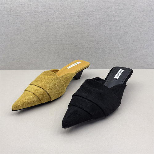 西西家2025清仓断码甩卖尖头粗跟百搭布面拖鞋时尚潮鞋气质女鞋