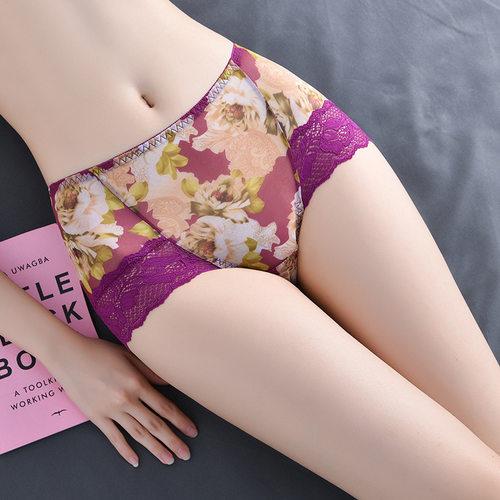 印花蕾丝内裤女中腰无痕网纱女士盒装大码抗菌性感透气三角裤夏季