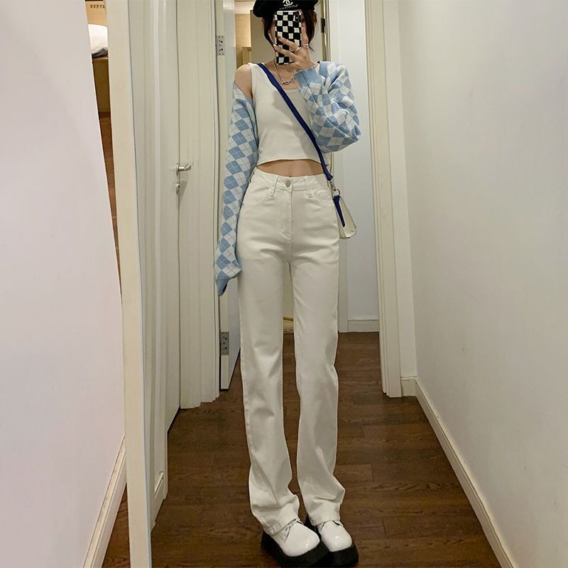 白色直筒牛仔裤女高腰2025年新款显瘦宽松高个子女士拖地烟管裤子