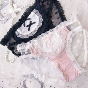 日系洛丽塔制服女仆冰丝内裤黑暗低腰蝴蝶结蕾丝Lolita风三角内裤