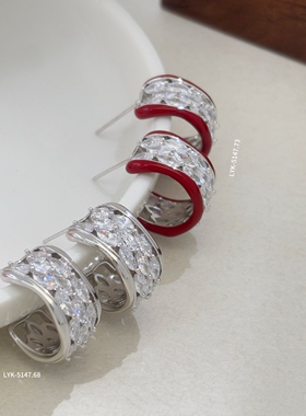 高级感轻奢耳环女红色锆石C形耳钉s925银针气质简约百搭韩版耳饰