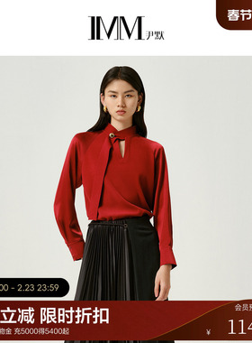 IMM尹默冬三醋纤面料红色中式领飘带气质毛针织衫上衣女
