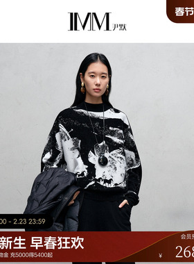 IMM尹默2025年冬水墨提花蝙蝠袖半高领套头毛针织衫上衣女