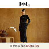 IMM尹默春黑色绵羊毛绣花拼接中式 连衣裙女 收腰高领长款