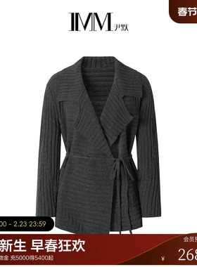 IMM尹默2025年秋美丽诺羊毛大翻领收腰系带毛针织开衫外套女