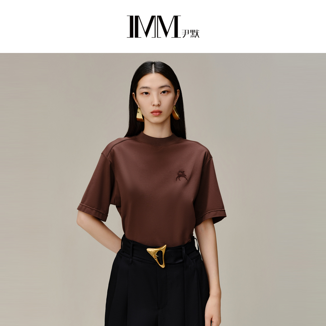 imm尹默小鹿绣花棕色T恤