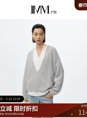 【电商专款】IMM尹默女装春季新款100羊毛V领套头深V毛针织衫
