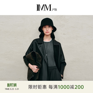 IMM尹默春绵羊皮气质挺括翻领中长款 廓形皮衣外套女