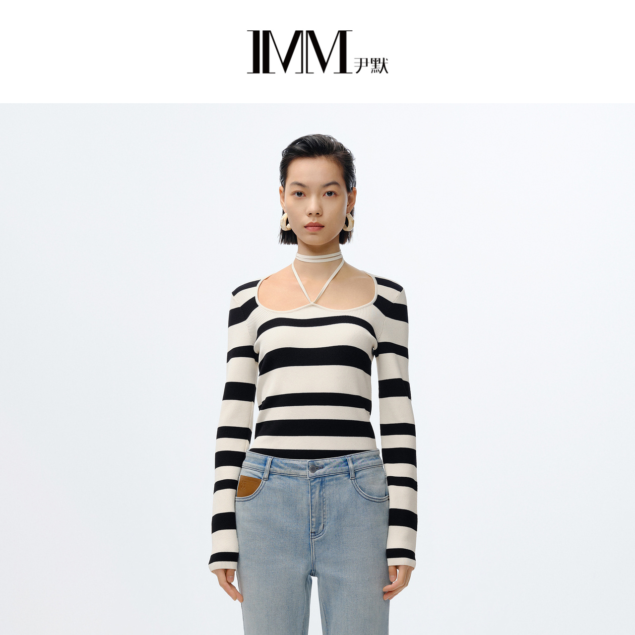 商场同款IMM尹默女装圆领条纹长袖毛衫针织衫春季夏