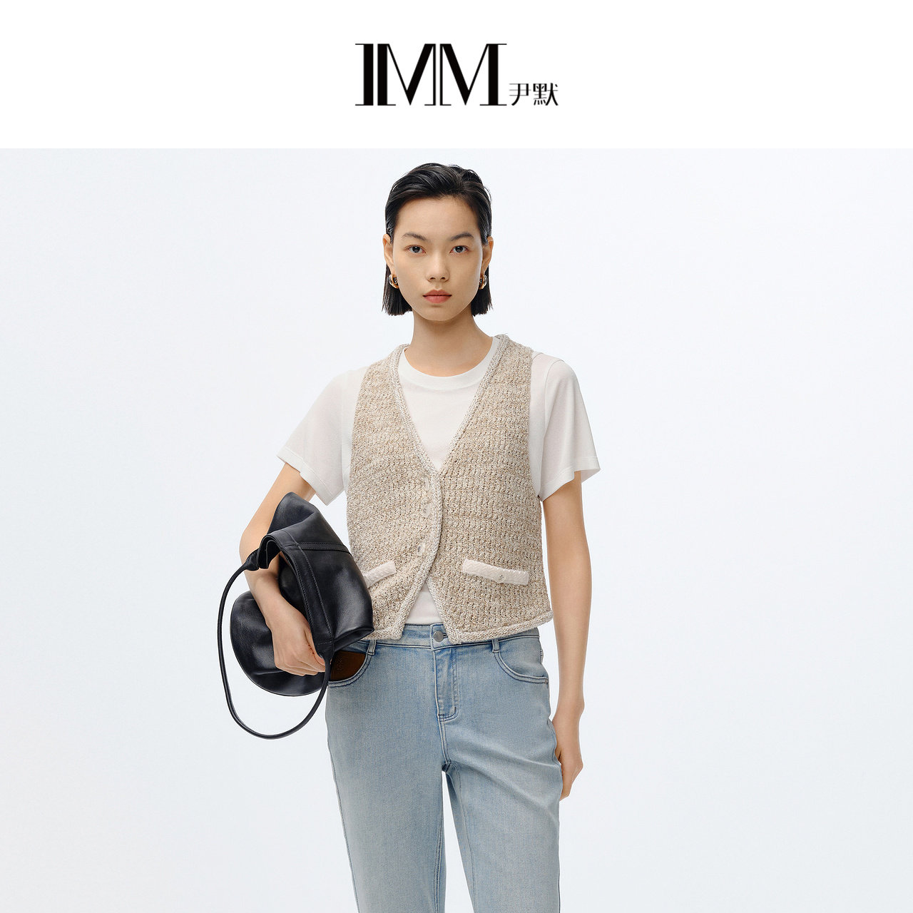 IMM尹默女装2024春季小香风无袖开衫V领毛衫马甲