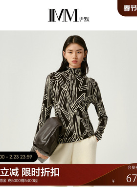 IMM尹默冬天丝混纺条纹印花半高领毛针织打底衫上衣女
