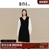 羊毛面料黑白拼接V领裙子袖 IMM尹默女装 冬季 子拼接连衣裙