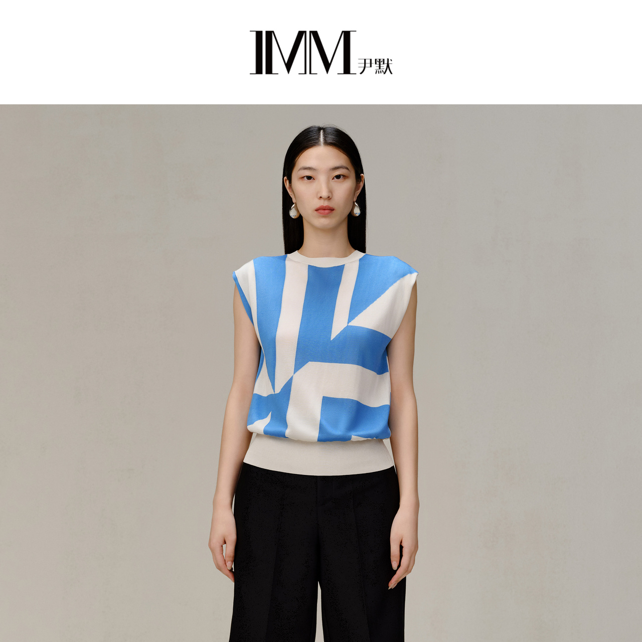 【春上新】IMM尹默女装不规则印花毛衫无袖薄款打底衫春