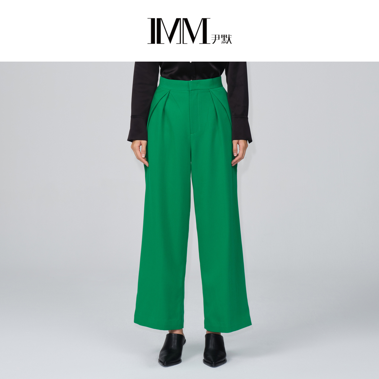 青草绿显瘦捏褶直筒阔腿裤尹默