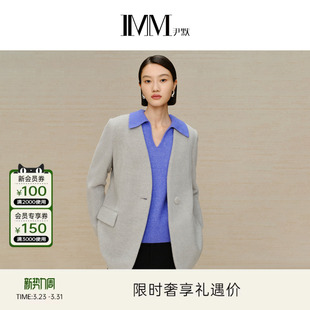 IMM尹默女装 羊驼毛V领大衣无领简约大衣 冬季