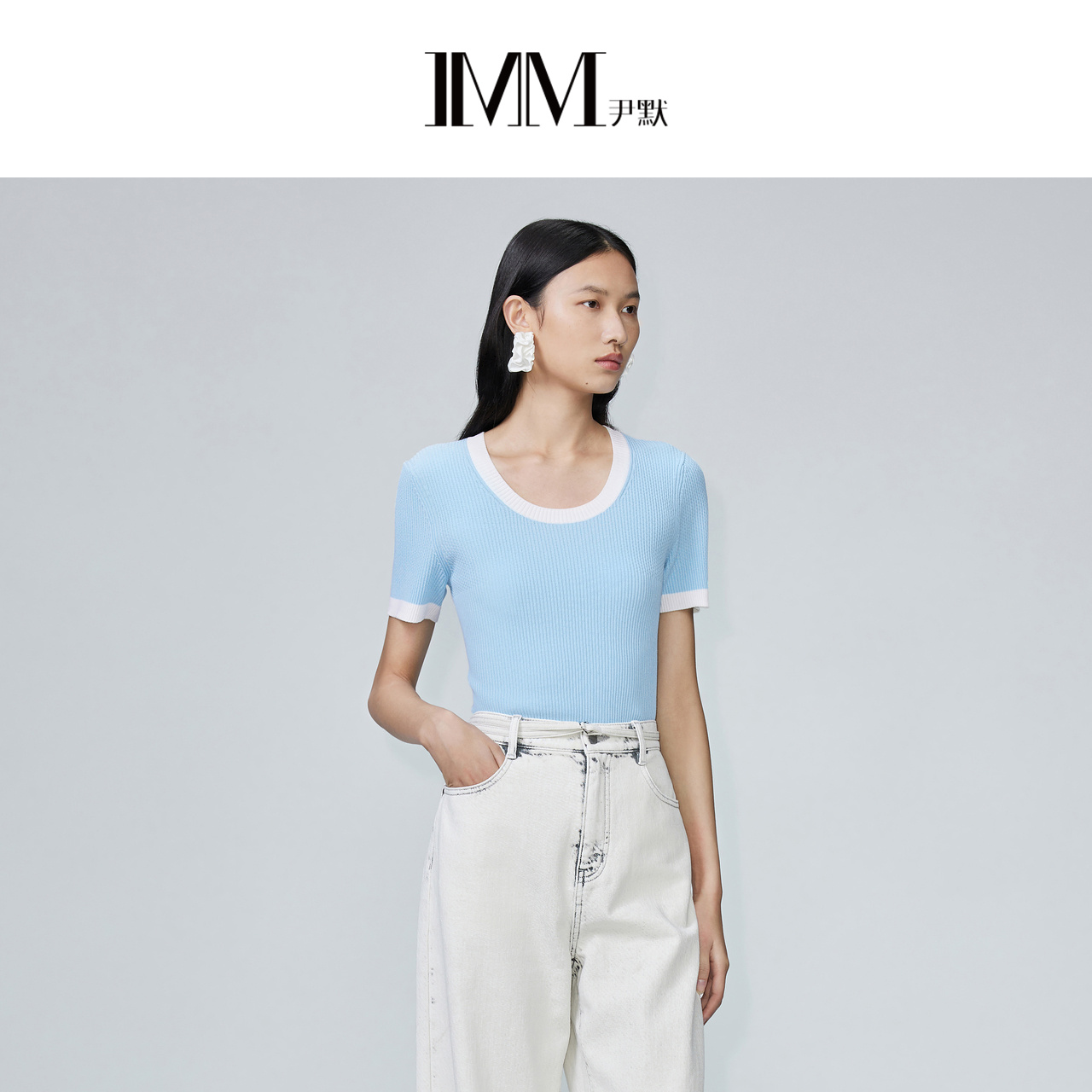 尹默imm醋酸棉凉感柔滑拼色毛衫