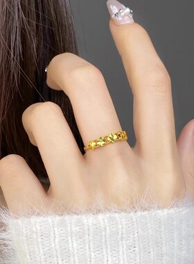 女士18K金四叶草5D硬素圈戒指