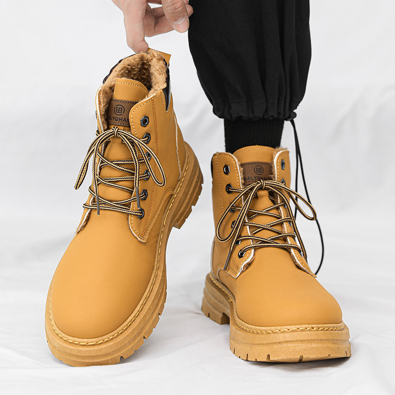 冬季新款男士雪地靴加绒保暖大黄靴高帮马丁工装靴休闲厚底面鞋子
