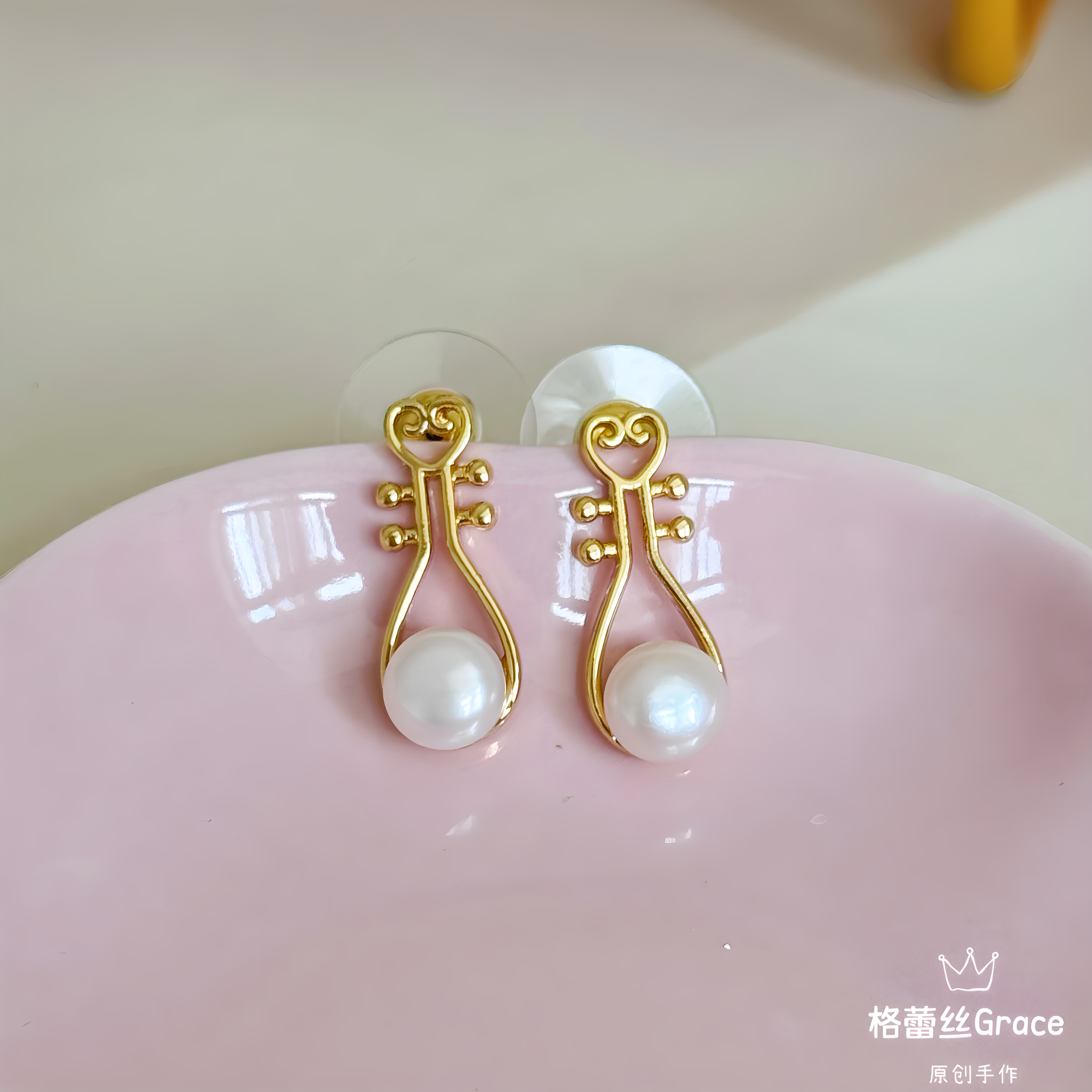 格蕾丝原创新中式琵琶天然淡水珍珠珍珠吊坠耳钉耳环925银针