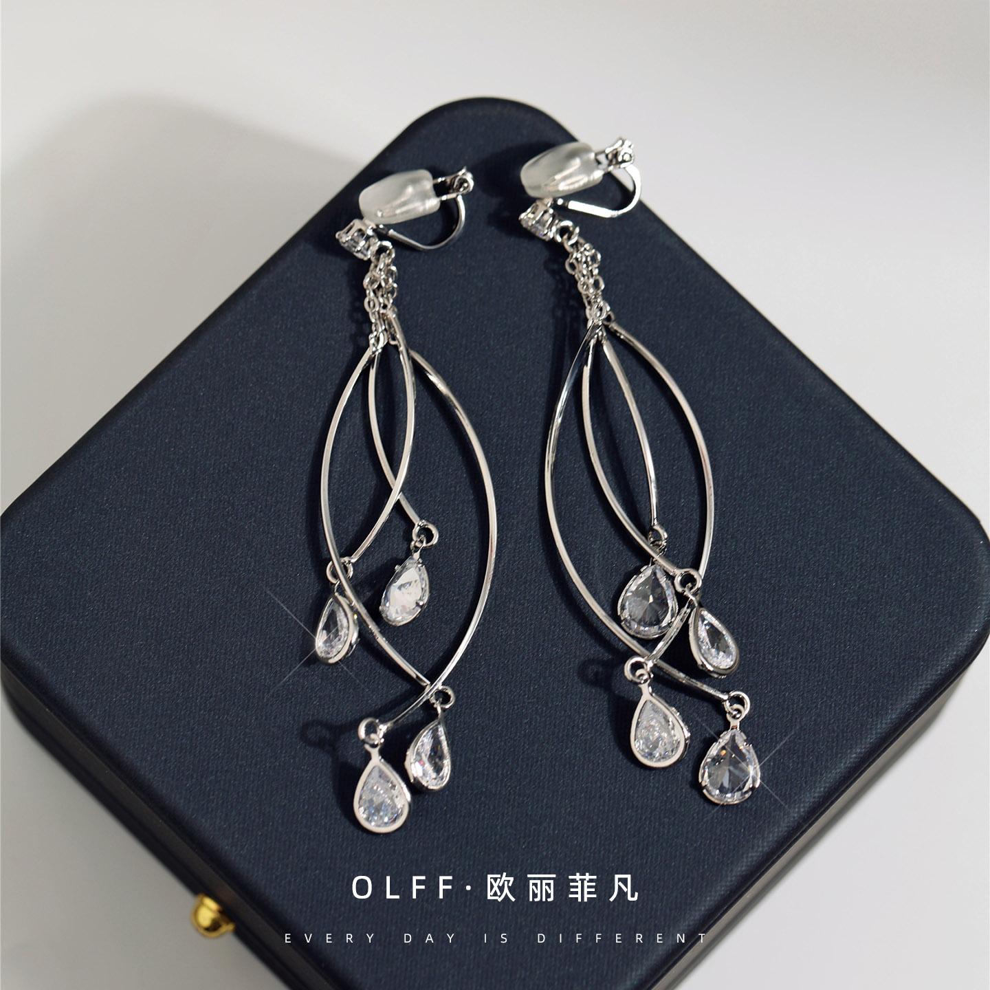 无痛耳夹长款闪锆水滴耳钩耳环