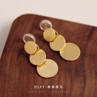 金属感拉丝层叠圆片耳钉女耳夹时尚个性气质简约无耳洞蚊香盘耳饰
